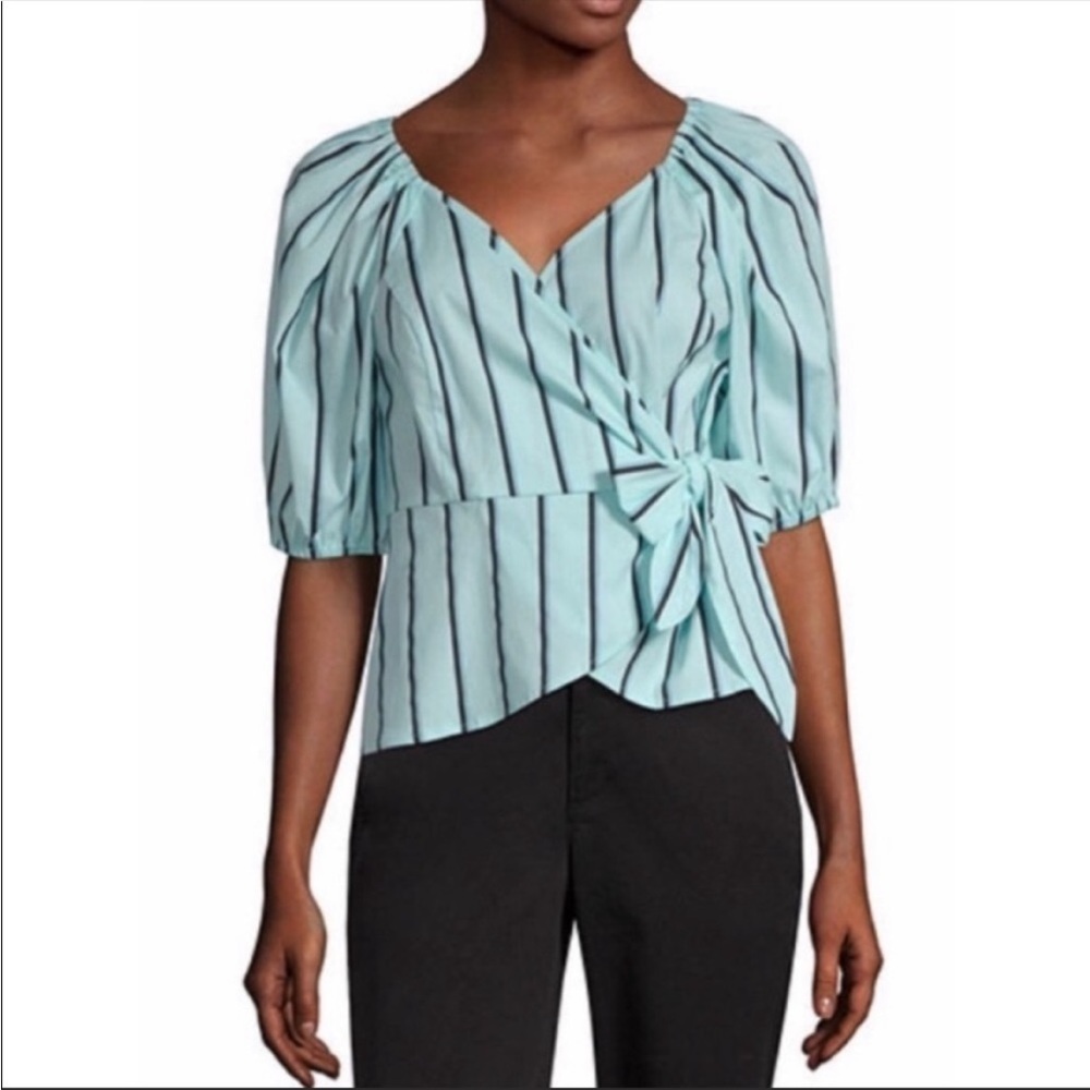 Worthington Striped Print Short Sleeve Wrap Blouse Top Blue Black Size XS